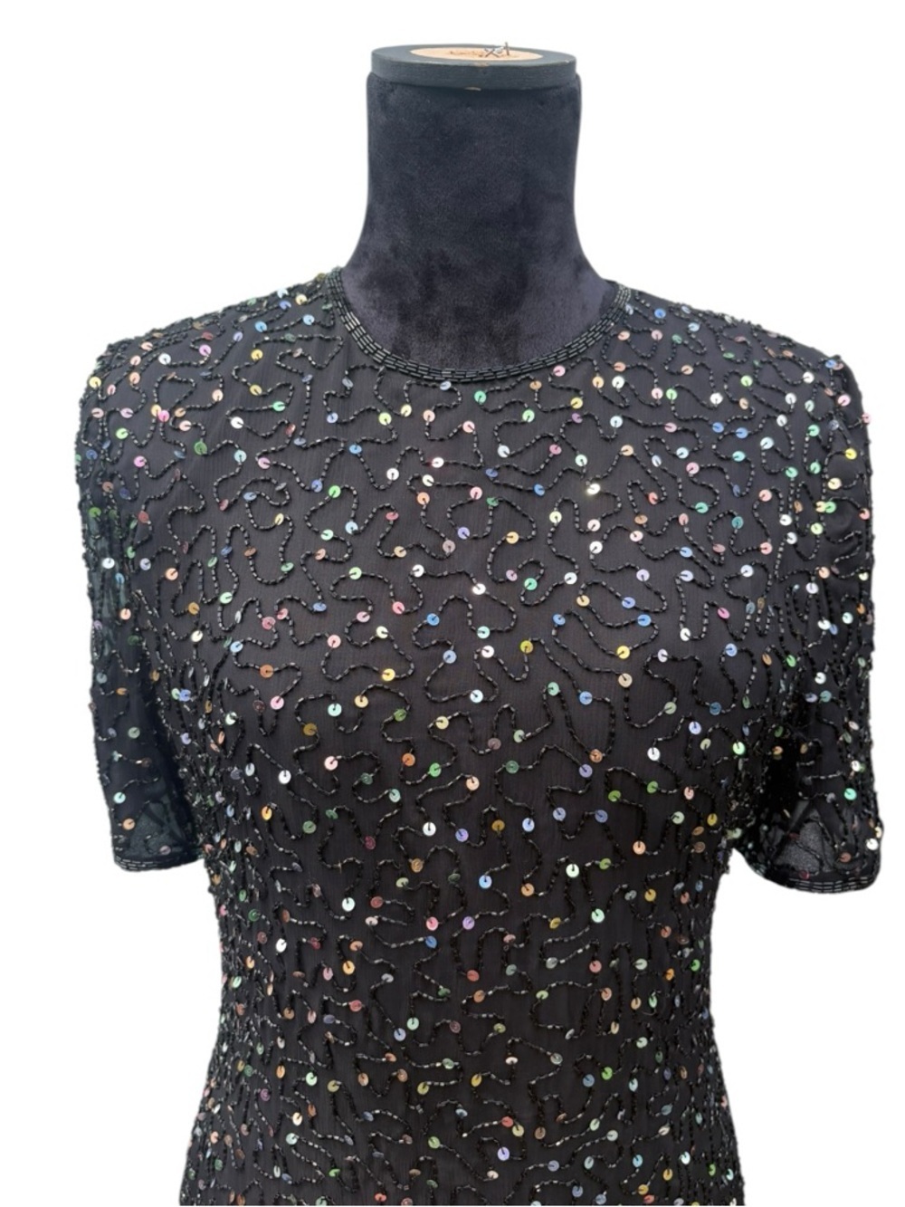 ✨ Vintage Laurence Kazar Silk Beaded and Iridescent Sequin Cocktail Dress Sz L ✨ - Picture 3 of 12